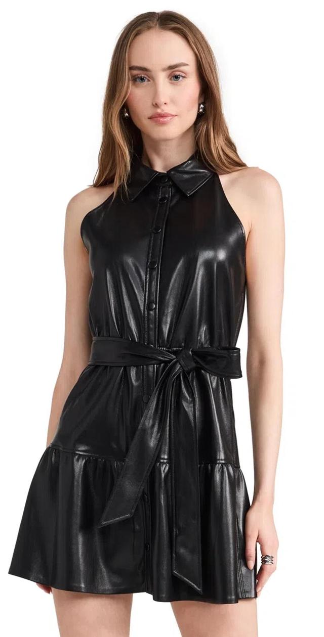 ALICE AND OLIVIA Miranda Vegan Leather Tiered Mini Dress Black Product Image