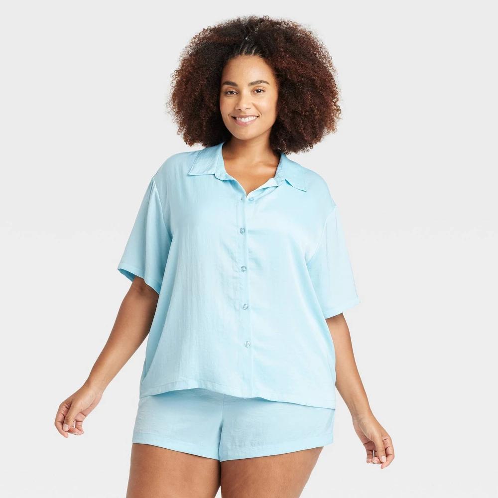 Womens Satin Short Sleeve Notch Collar Top and Shorts Pajama Set - Auden Blue 4X Product Image