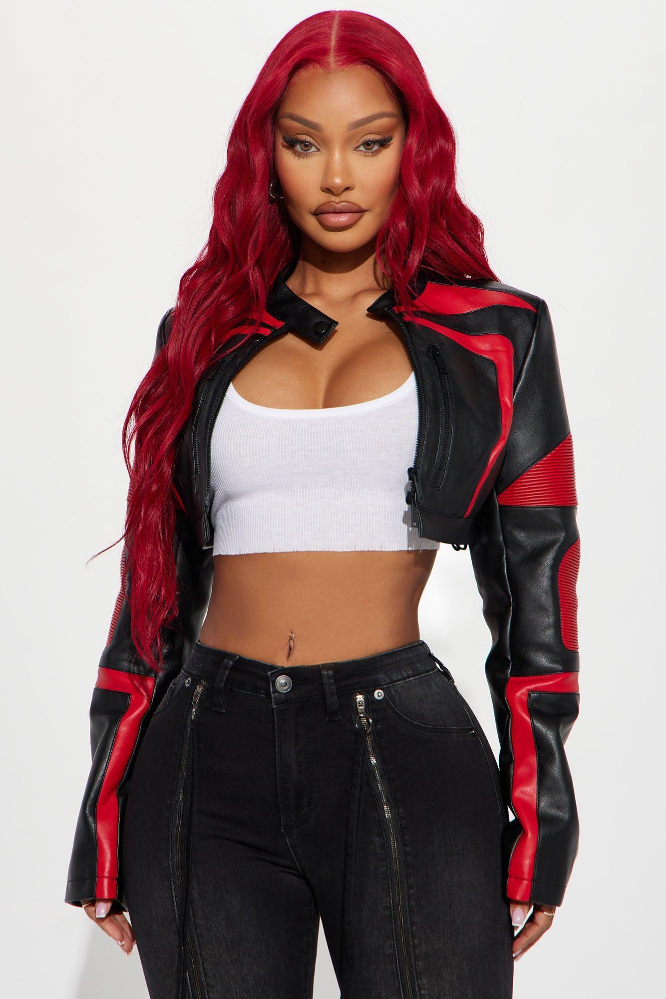 Not Like The Rest Faux Leather Moto Jacket - Black/Red Product Image