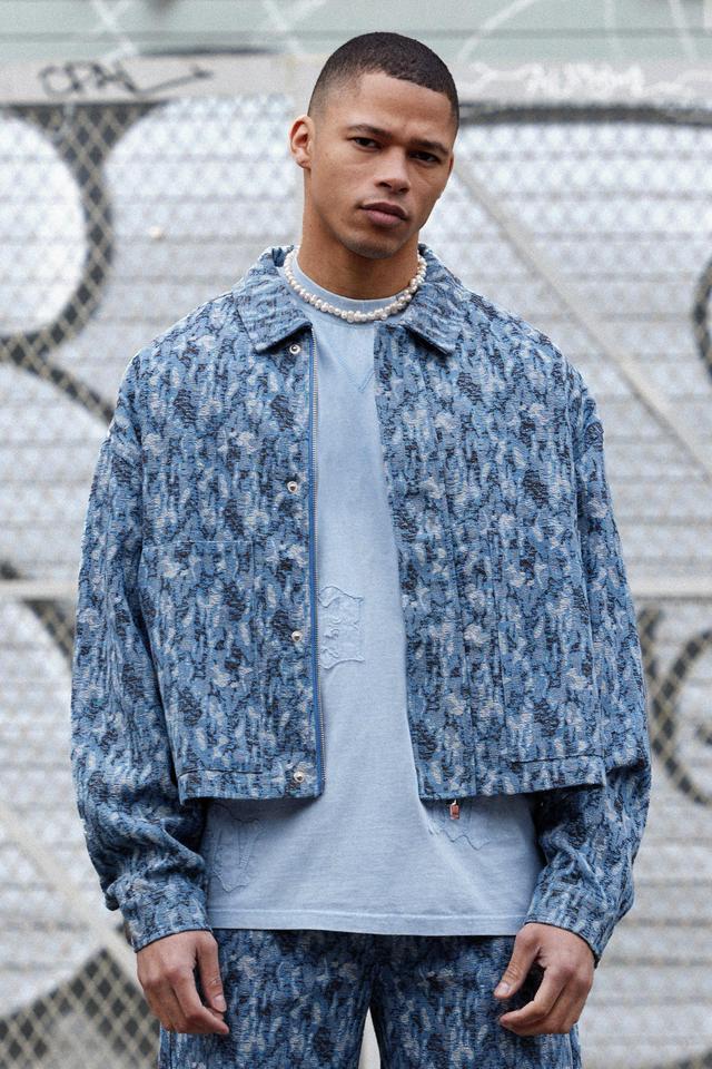 Boxy Fit Fabric Interest Distressed Jean Jacket | boohooMAN USA Product Image