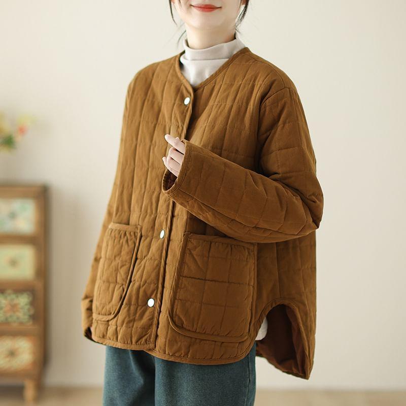 V-Neck Plain Quilted Button Jacket Product Image