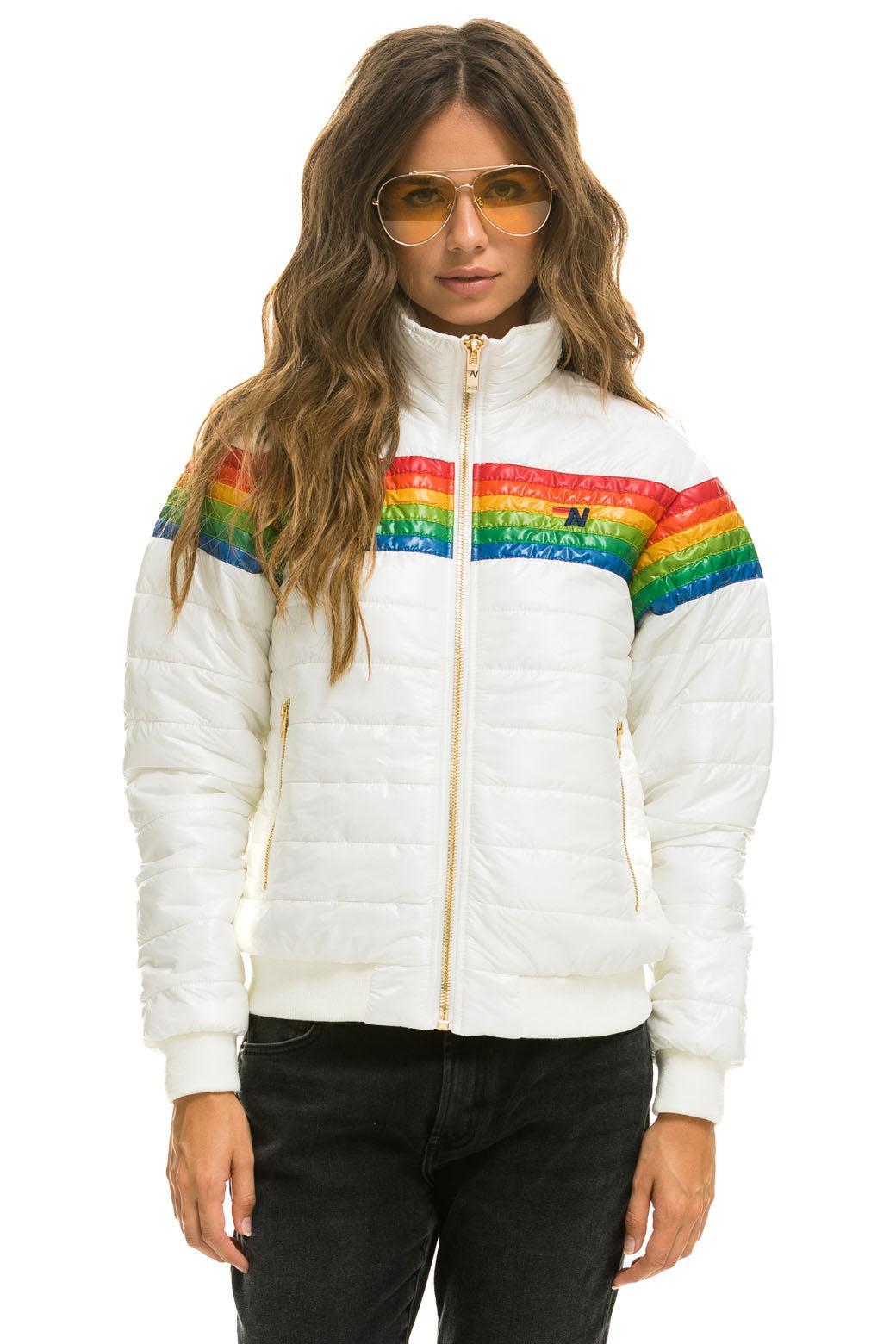 6 STRIPE RAINBOW SLEEVE JACKET -  GLOSSY WHITE Female Product Image