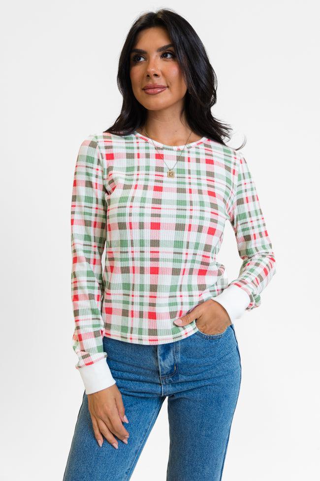 Lazy Plaid Ivory, Red, and Green Print Waffle Layering Top FINAL SALE Product Image