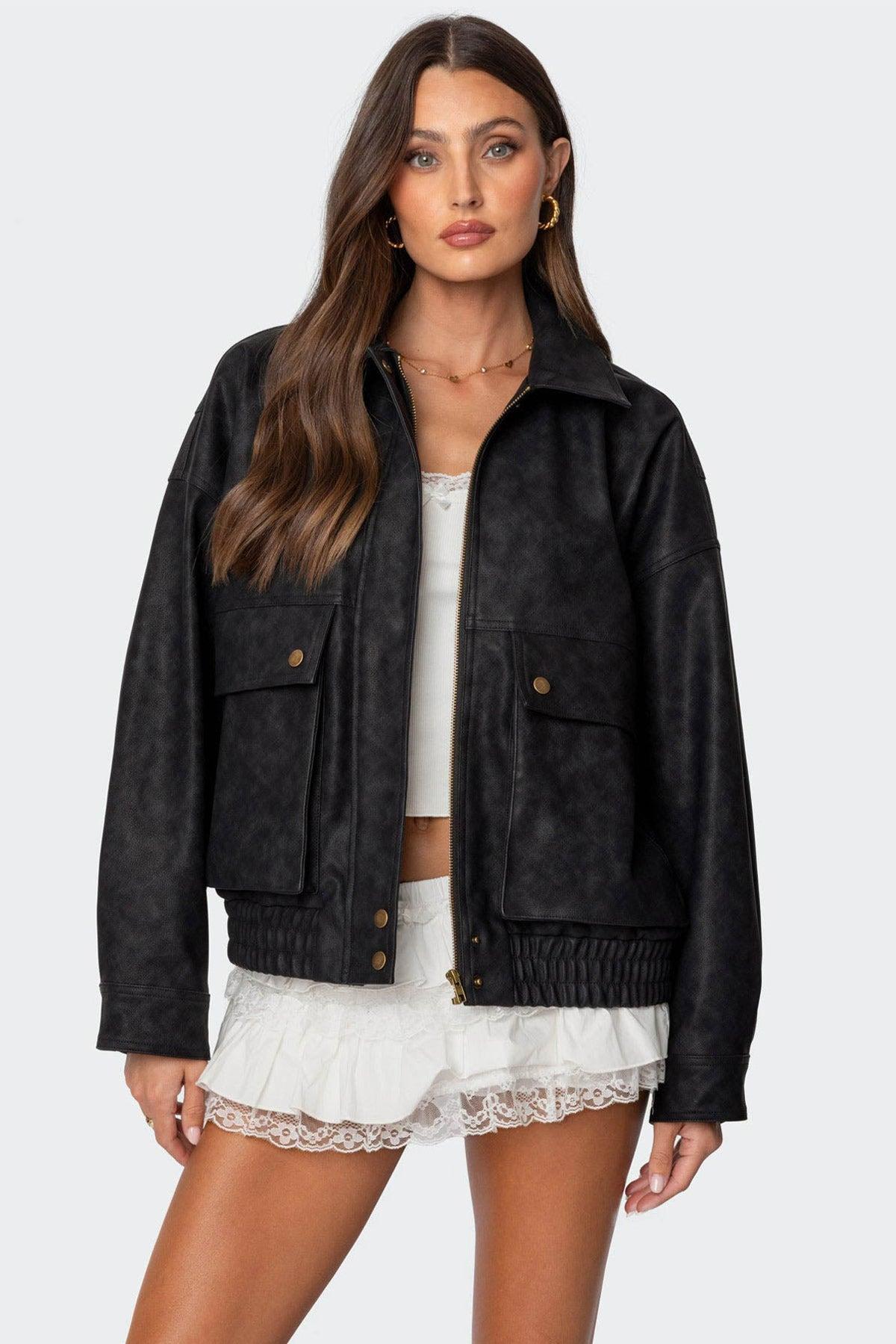 Cargo Faux Leather Bomber Jacket Product Image