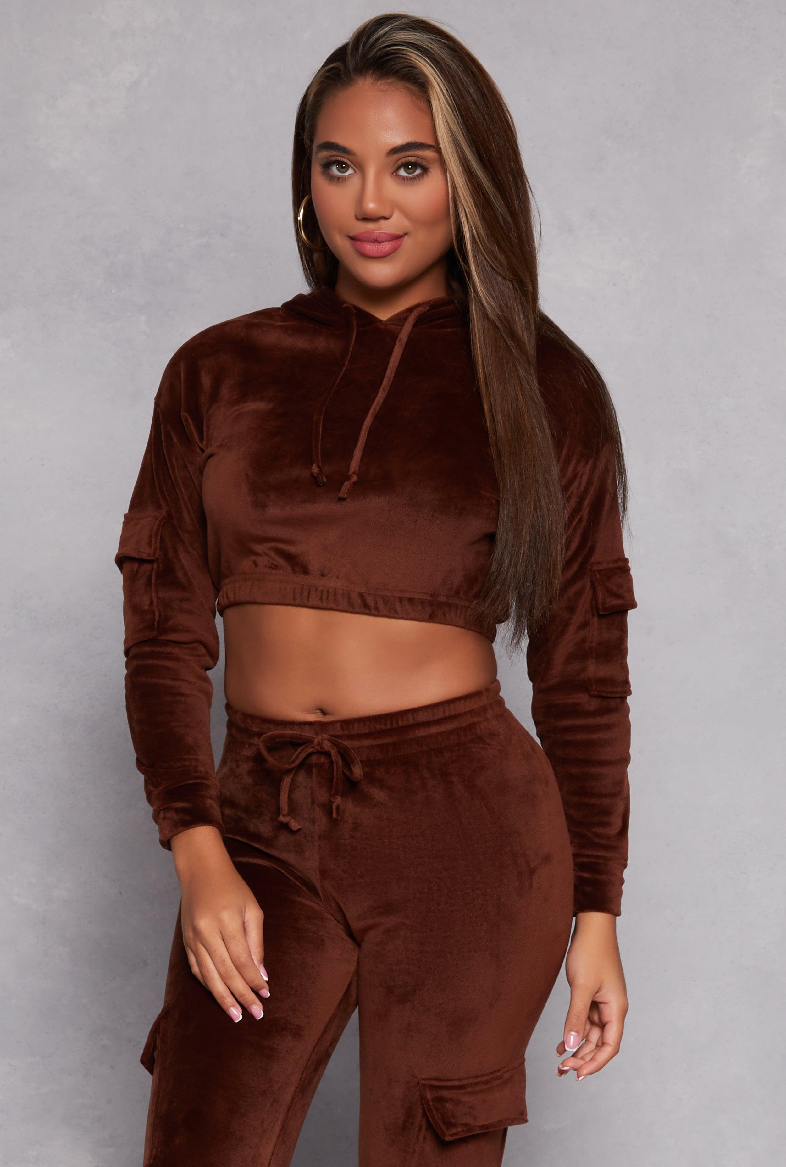 Womens Velour Cropped Pullover Hoodie Product Image