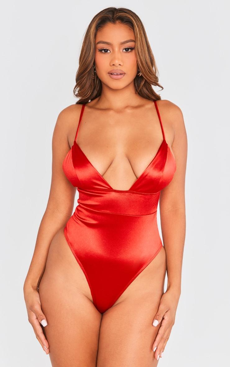 Red Satin Plunge Bodysuit Product Image