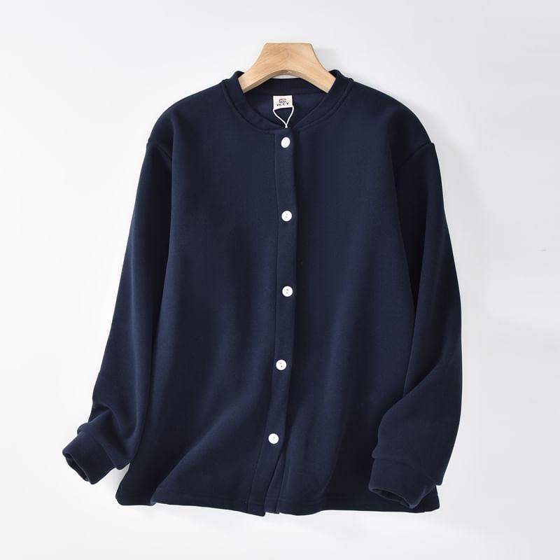 Crew Neck Plain Button-Up Jacket Product Image