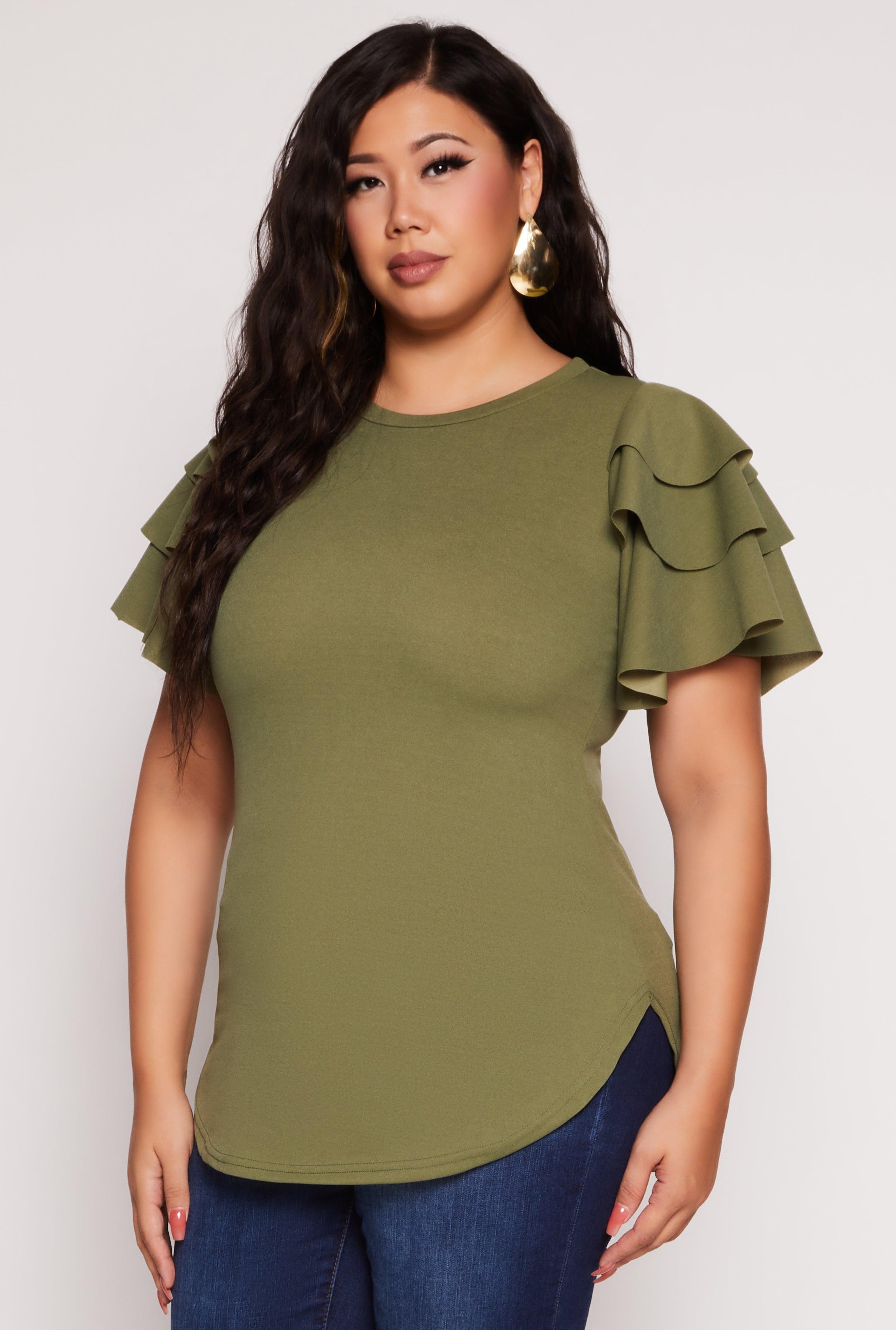 Womens Plus Size Crepe Knit Tiered Sleeve Top Product Image