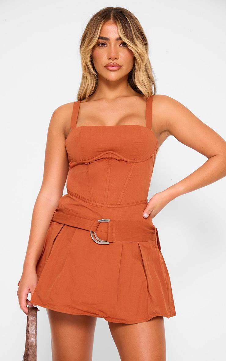 Rust Tailored Woven Underwired Belted Shift Dress Product Image