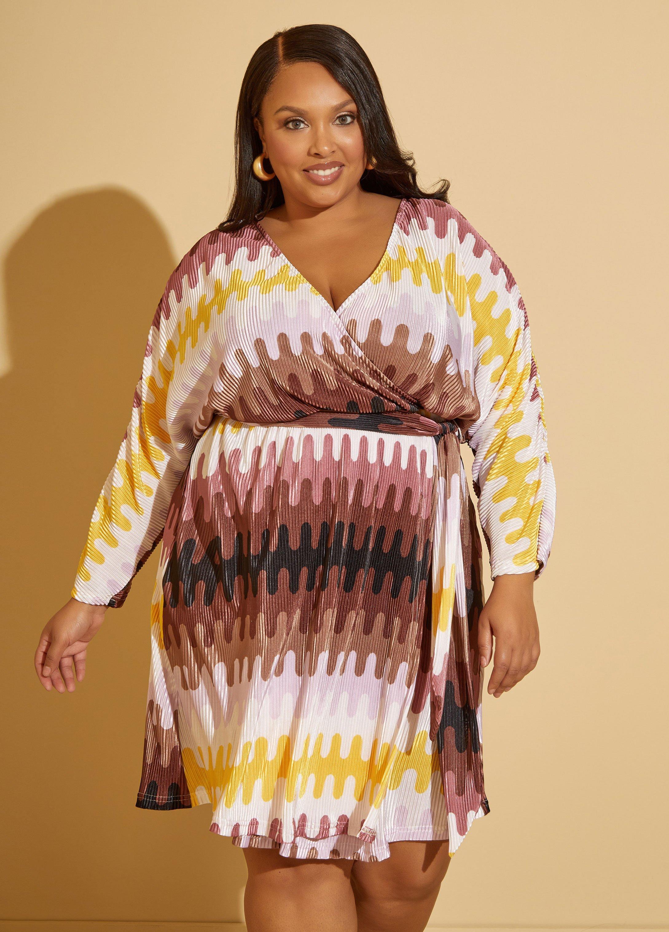 Plus Size Printed Plisse Faux Wrap Dress Ashley Stewart Product Image