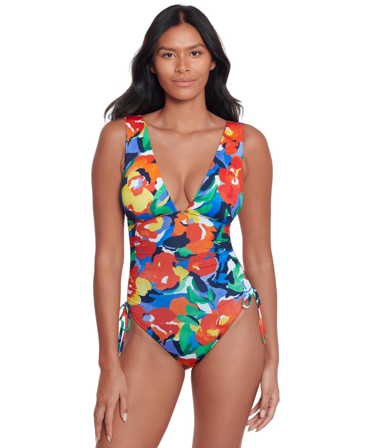 Lauren Ralph Lauren Womens Shirred Plunge-Neck One-Piece Swimsuit Product Image