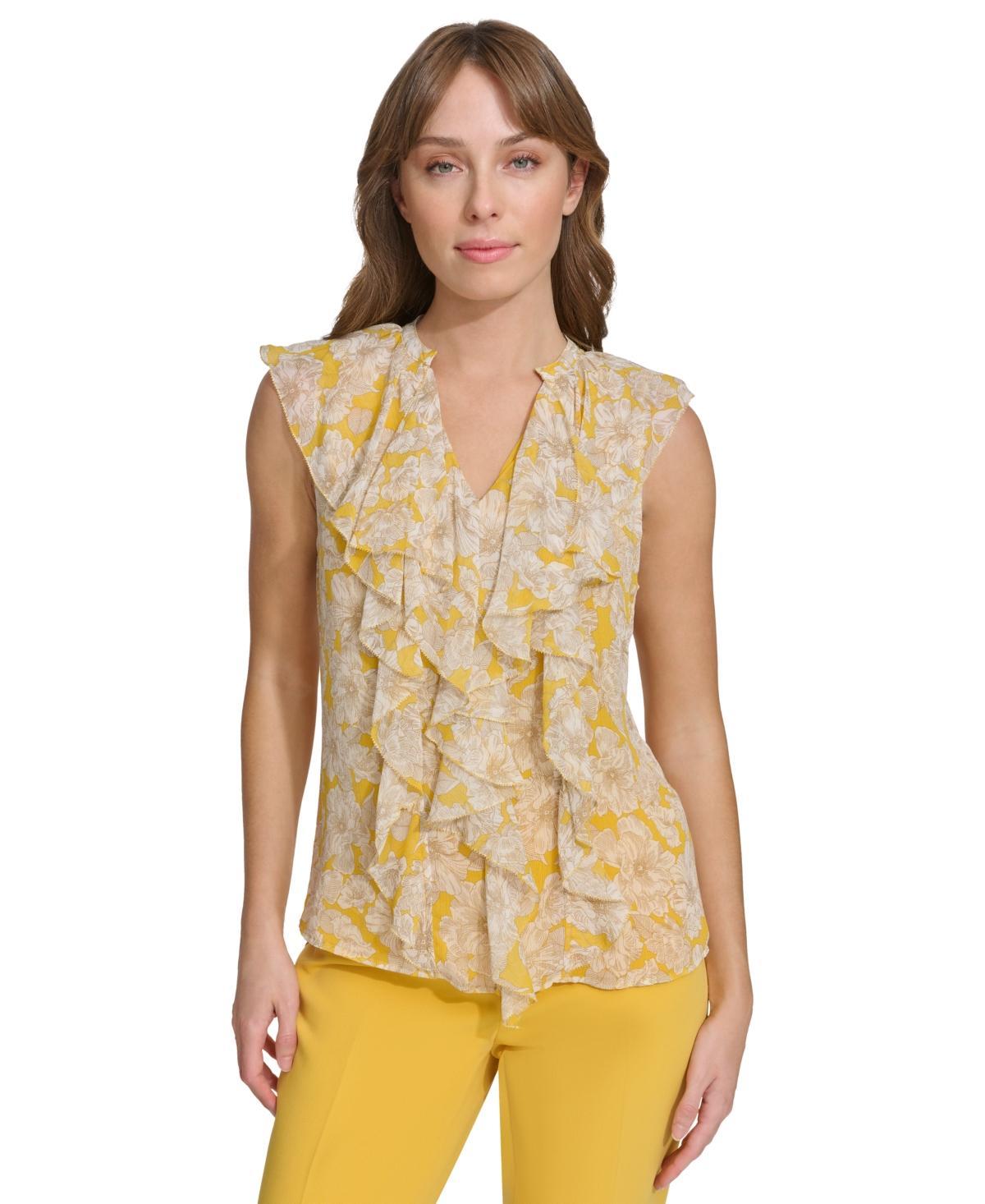 Women's Floral-Print Ruffled-Front Blouse Product Image