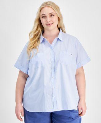 Plus Size Cotton Striped Camp Shirt Product Image