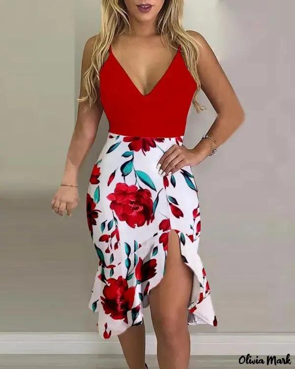 Olivia Mark – Floral Print High Slit Ruffled Dress With Spaghetti Straps Product Image