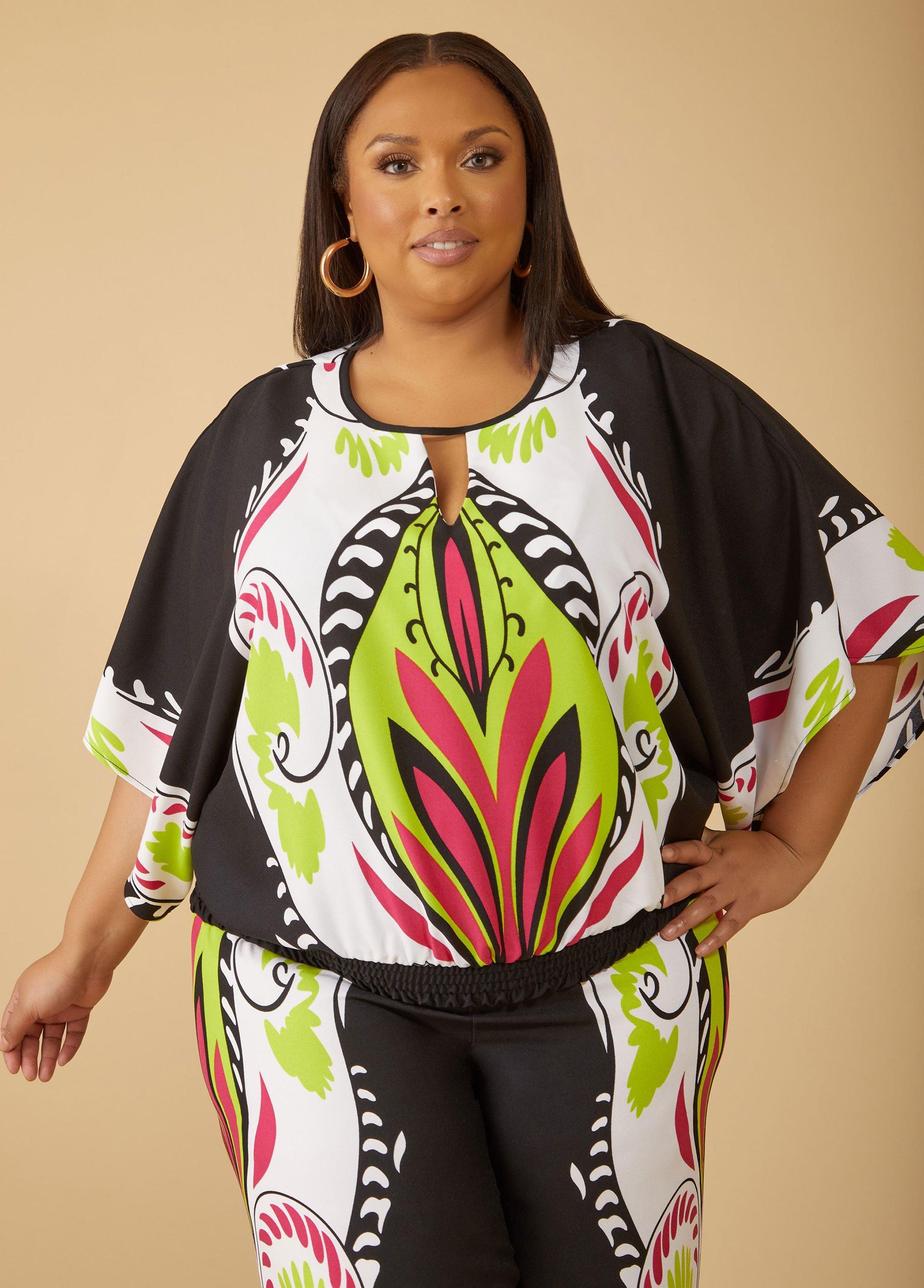 Plus Size Printed Crepe Keyhole Blouse Ashley Stewart Product Image