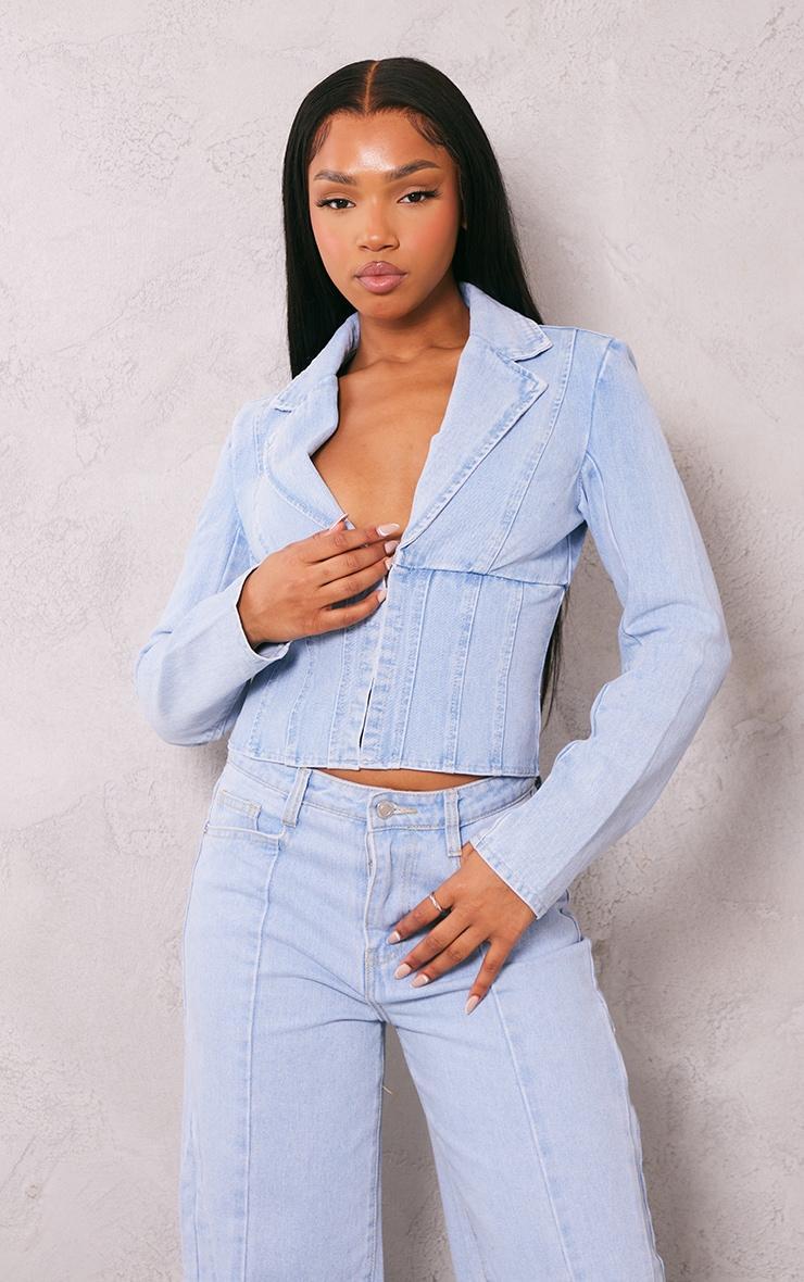 Light Blue Wash Corset Detail Cropped Denim Jacket Product Image