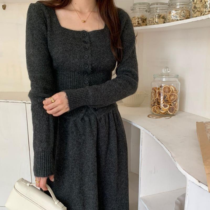 Set: Long Sleeve Square-Neck Plain Slim-Fit Cardigan + High Rise Knitted Maxi A-Line Skirt Product Image