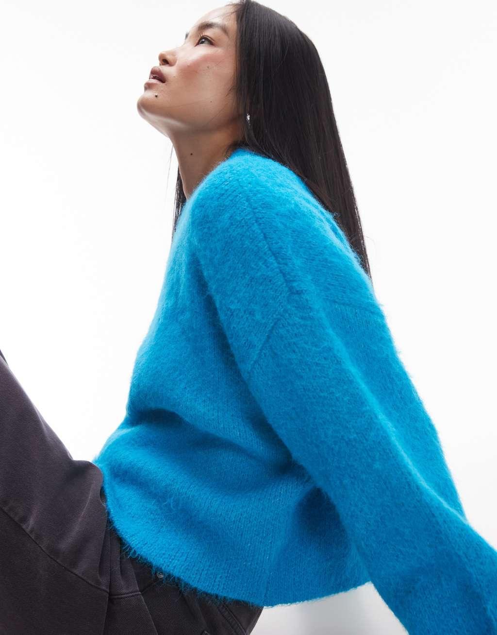 Topshop knitted fluffy relaxed ultimate sweater in bright blue Product Image