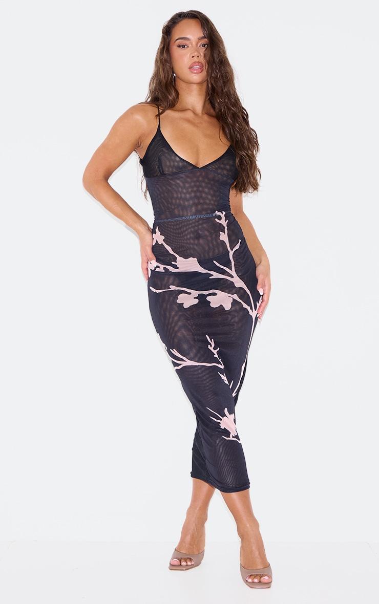 Black Flower Printed Mesh Strappy Midi Dress Product Image