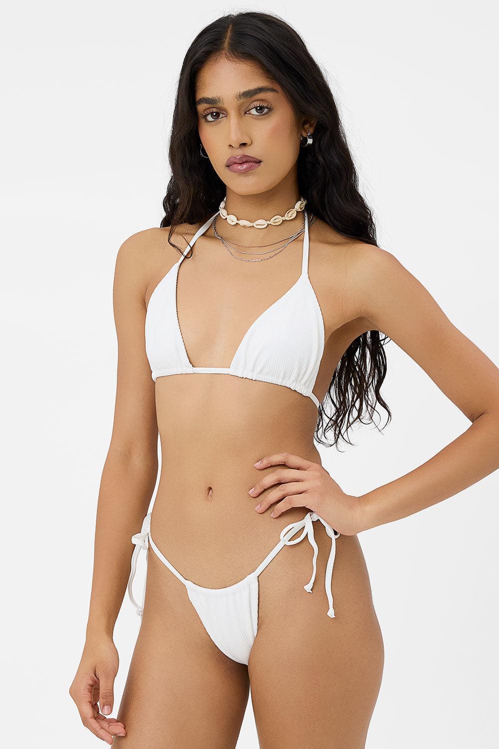 Tia Ribbed String Bikini Bottom - White Product Image