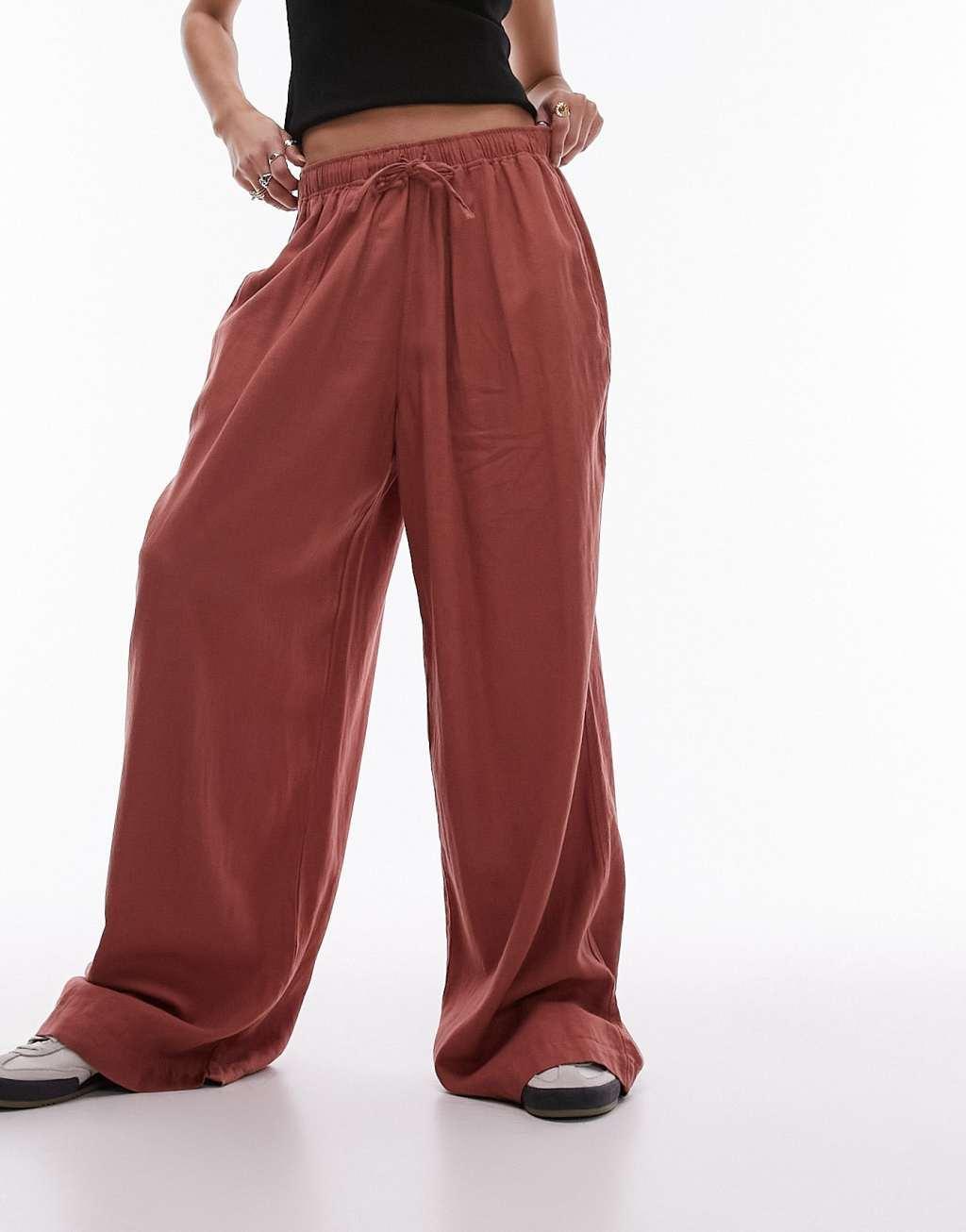 Topshop linen wide leg pants in burnt brick Product Image