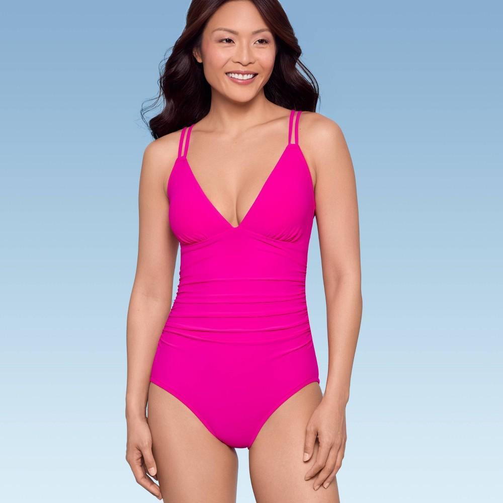 Womens UPF 50 V-Neck Shirred One Piece Swimsuit - Aqua Pink Product Image