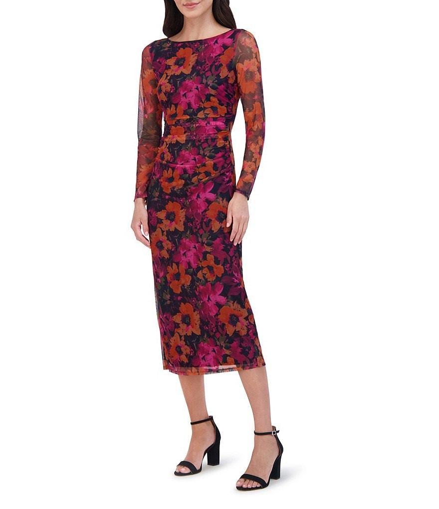 Vince Camuto Mesh Floral Print Boat Neck Long Sleeve Bodycon Midi Dress Product Image