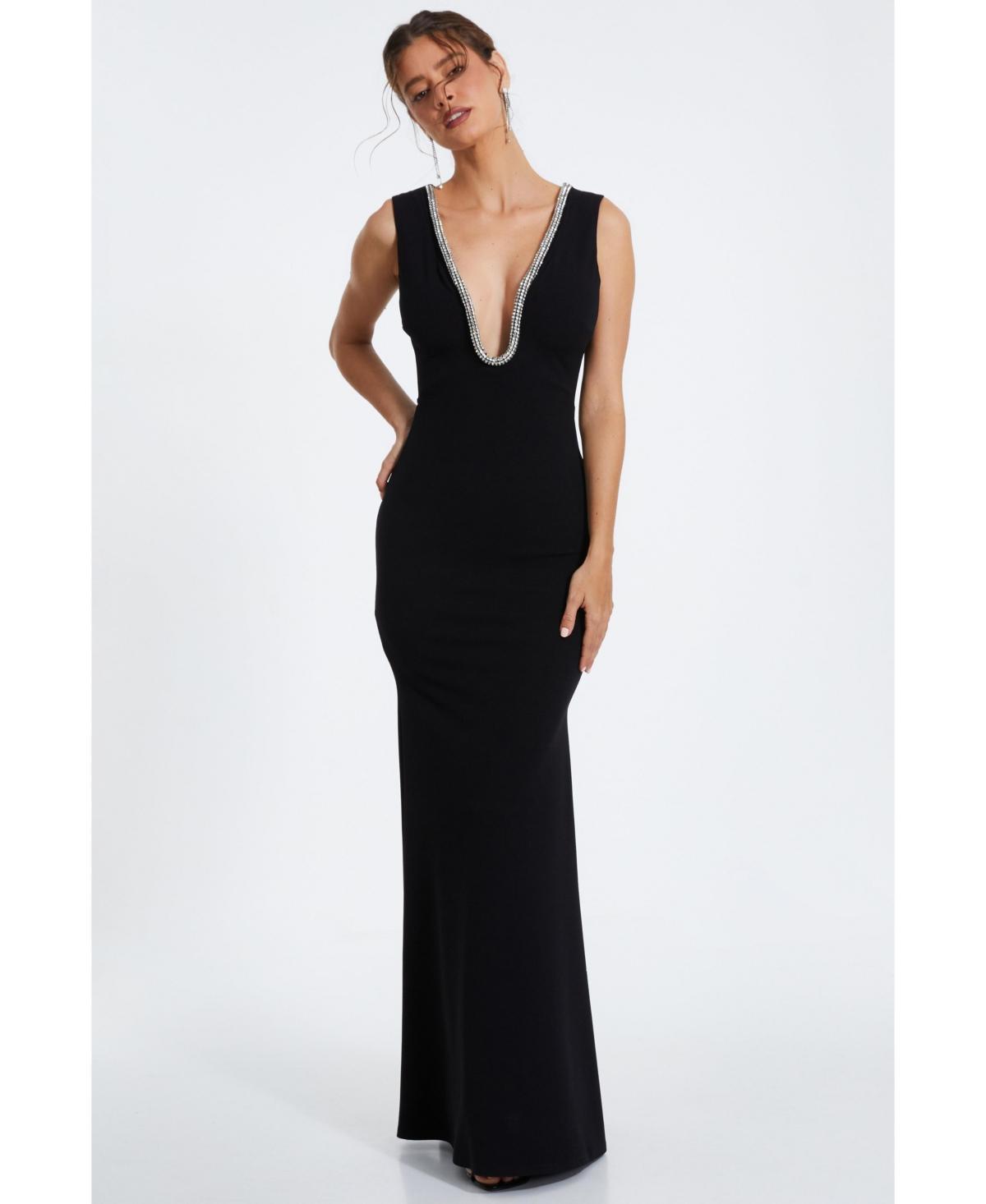 Quiz Womens Scuba Crepe Diamante Trim Fishtail Maxi Dress Product Image