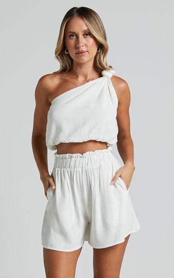 Raylene Two Piece Set - Linen Look Knotted One Shoulder Top and Paper Bag Waist Shorts in White Product Image