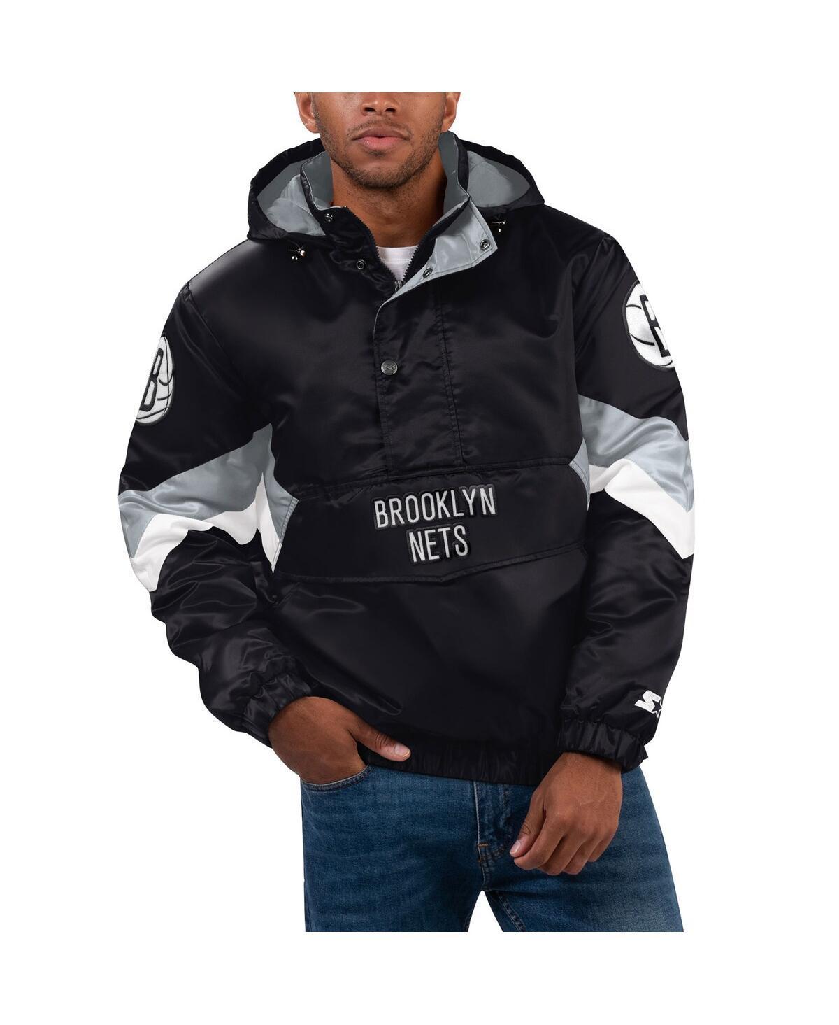 Mens Starter Black Brooklyn Nets Force Play Satin Hoodie Half-Zip Jacket Product Image