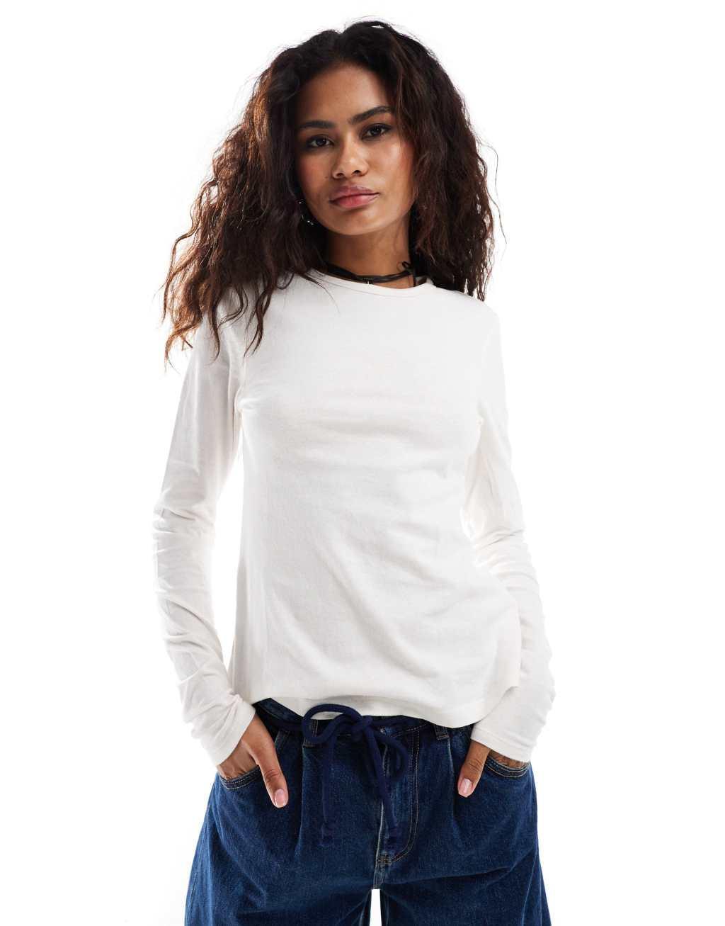 Weekday Milly super soft slim fit long sleeve t-shirt in off-white Product Image