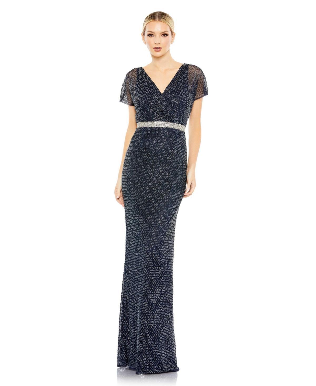 Womens Beaded V-Neck Column Gown Product Image