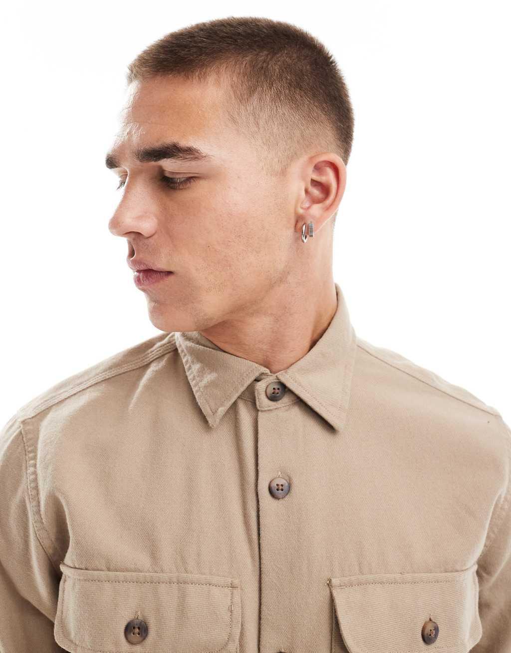 Jack & Jones flannel overshirt in beige Product Image