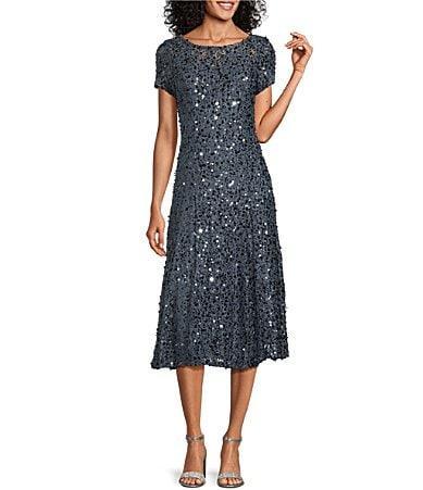 Ignite Evenings Stretch Sequin Lace Short Sleeve Illusion Boat Neck A Product Image