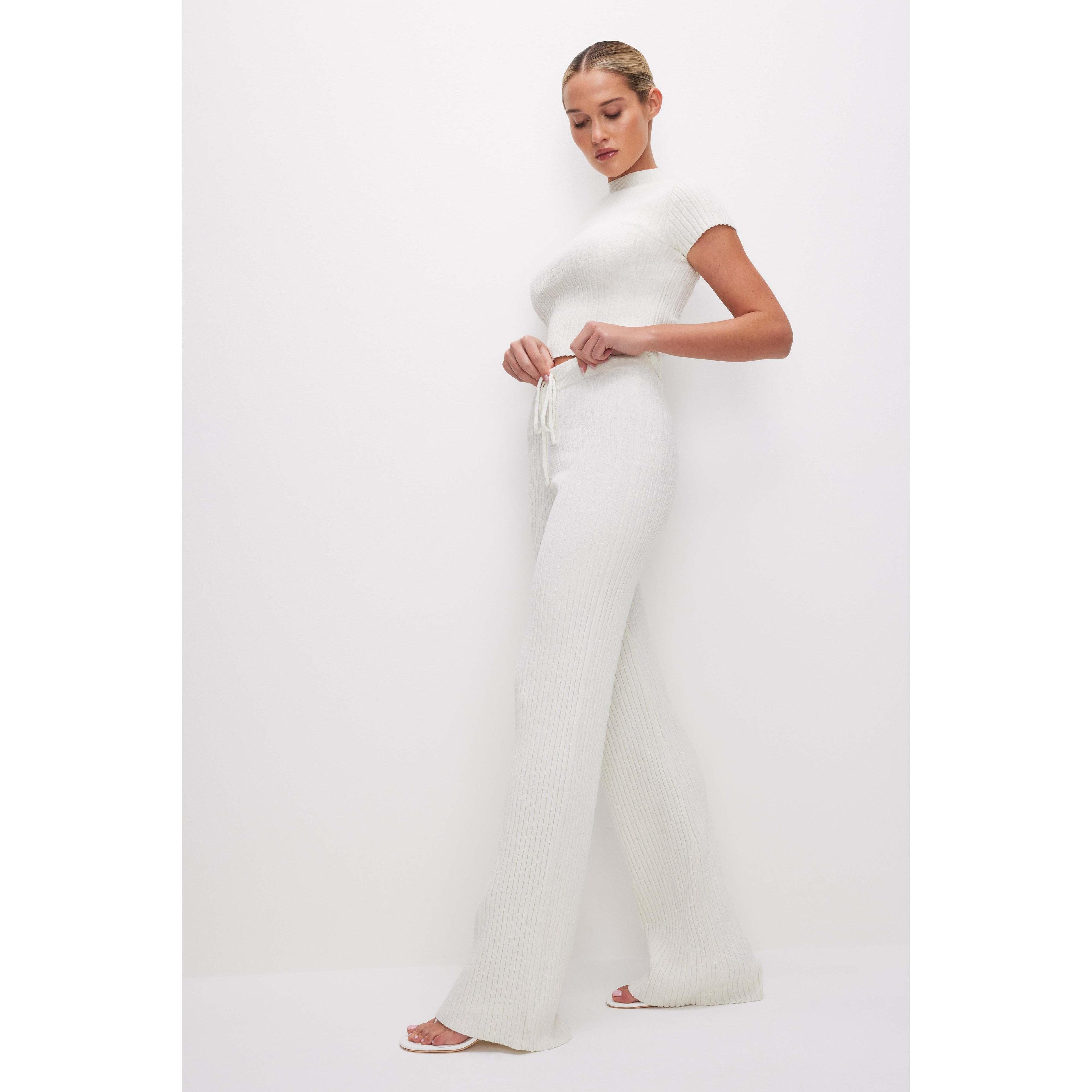 Womens Ribbed Terry Flared Pants | Cloud White, Size Small | Good American by Khlo Kardashian Product Image