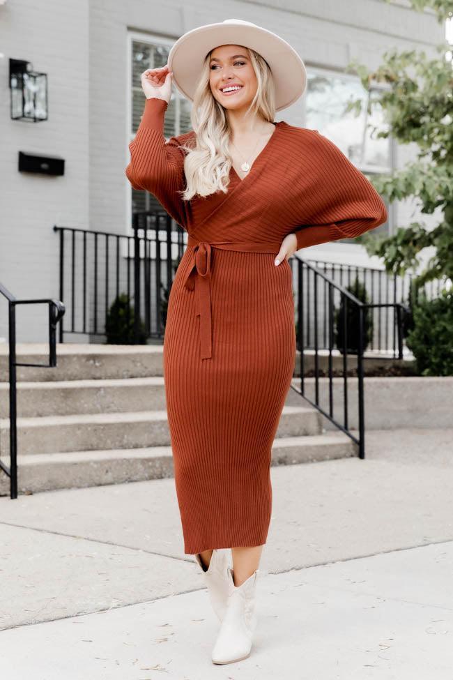 Main Event Burnt Orange Wrap Sweater Dress Product Image