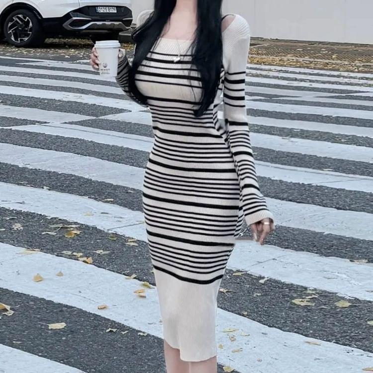 Long-Sleeve Striped Knit Midi Sheath Dress Product Image