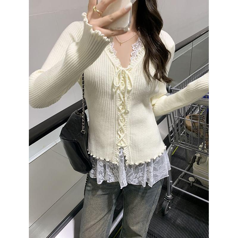 V-Neck Plain Lace-Up Ribbed Lettuce Edge Sweater / Floral Lace Halter Top Product Image