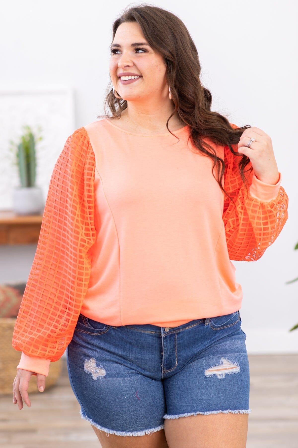 Neon Coral Textured Ballon Sleeve Top Product Image