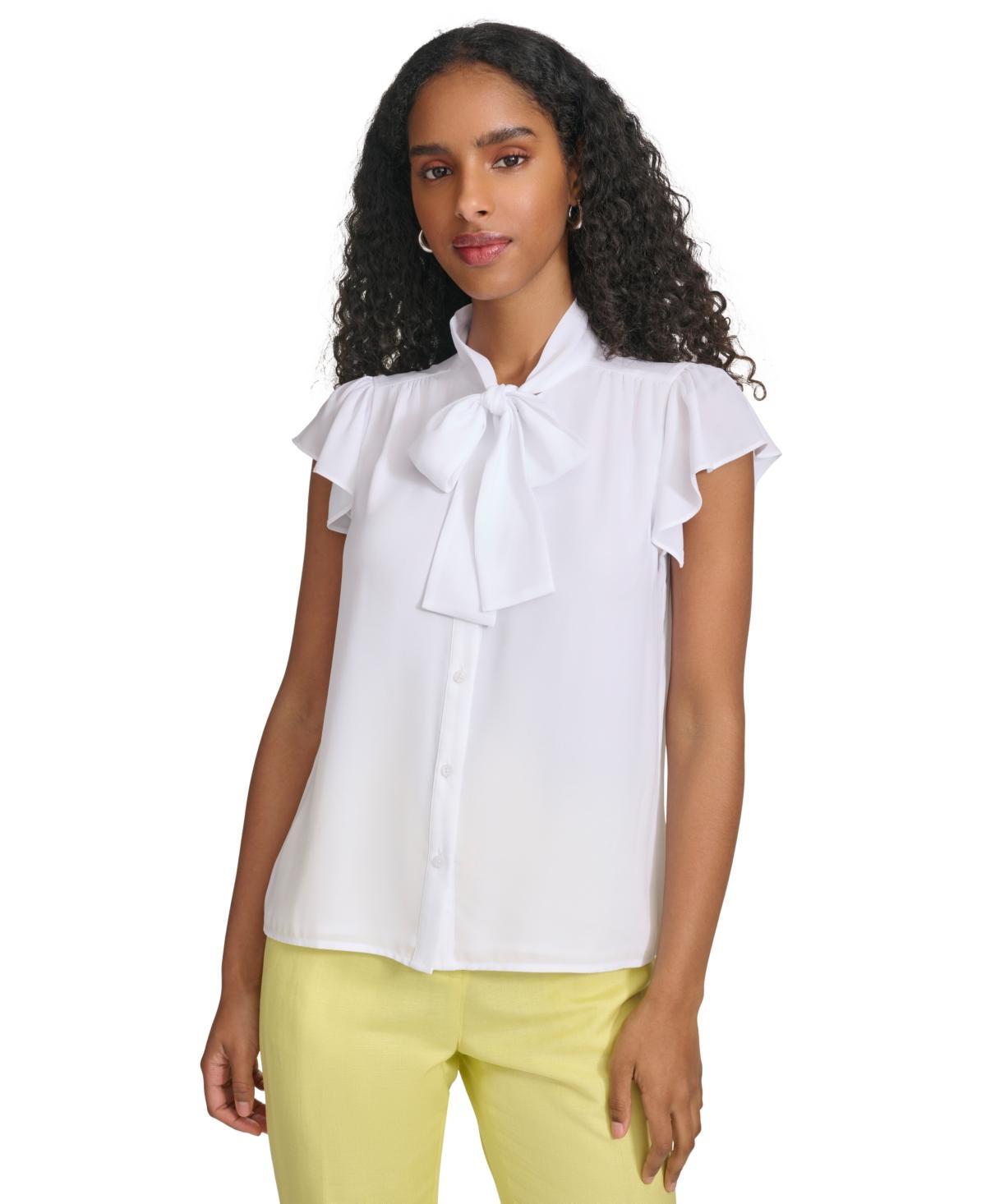 Calvin Klein Womens Tie-Neck Flutter Sleeve Blouse Product Image