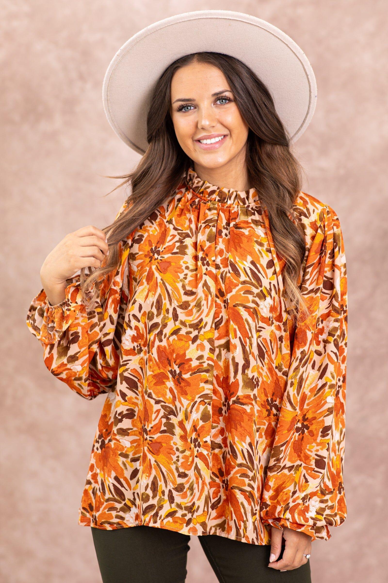 Orange and Tan Floral Print Smocked Cuff Top Product Image