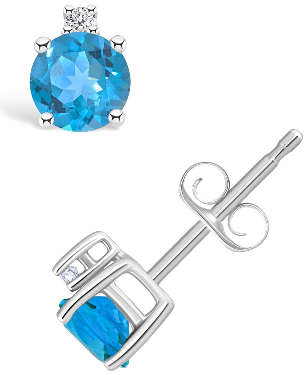 14k White Gold 4 mm Round Birthstone & 1/10 Carat T.W. Diamond Stud Earrings, Womens, Blue Product Image