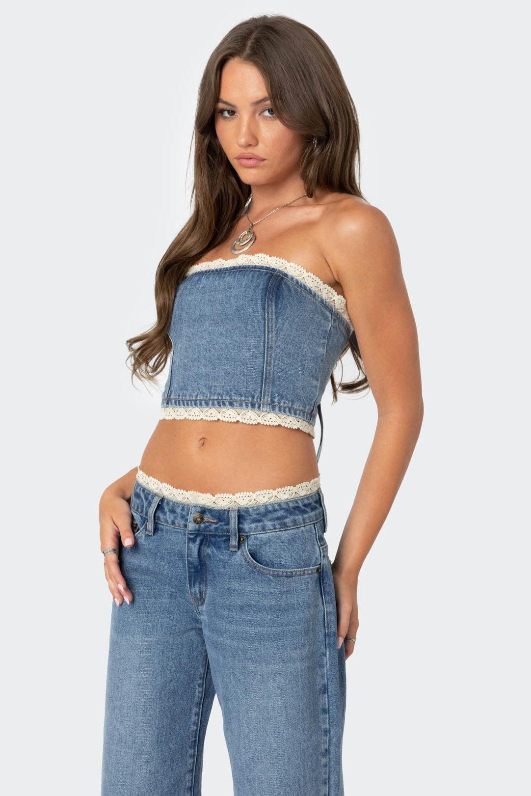 Karlie Lace Trim Denim Tube Top Product Image