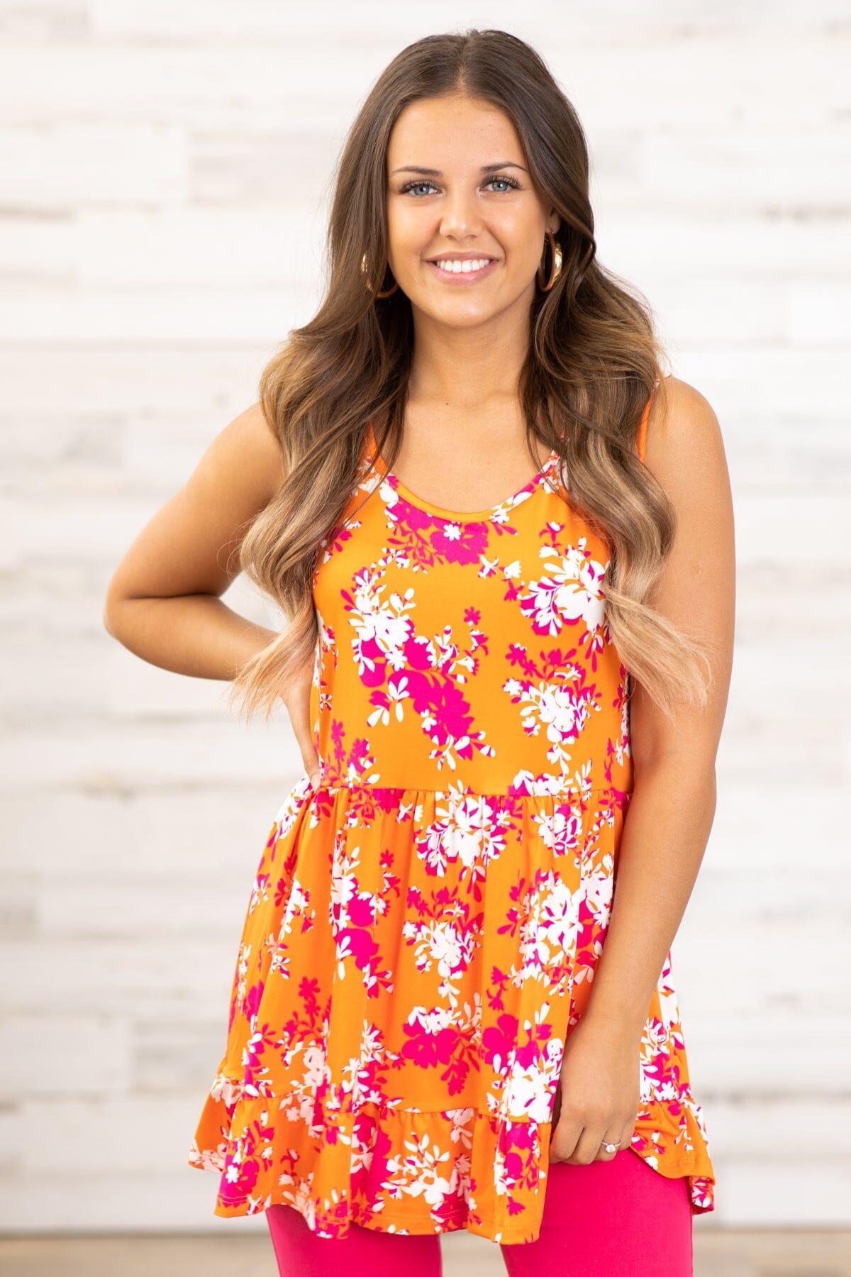 Orange and Hot Pink Floral Print Babydoll Tank Product Image