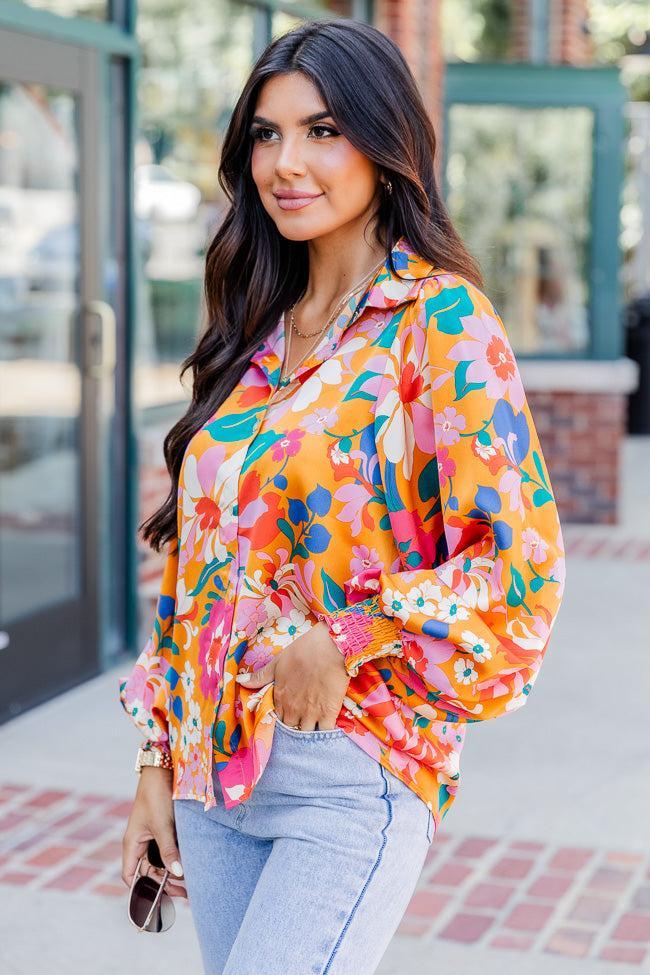 I've Been Waiting Orange Floral Satin Button Front Blouse FINAL SALE Product Image