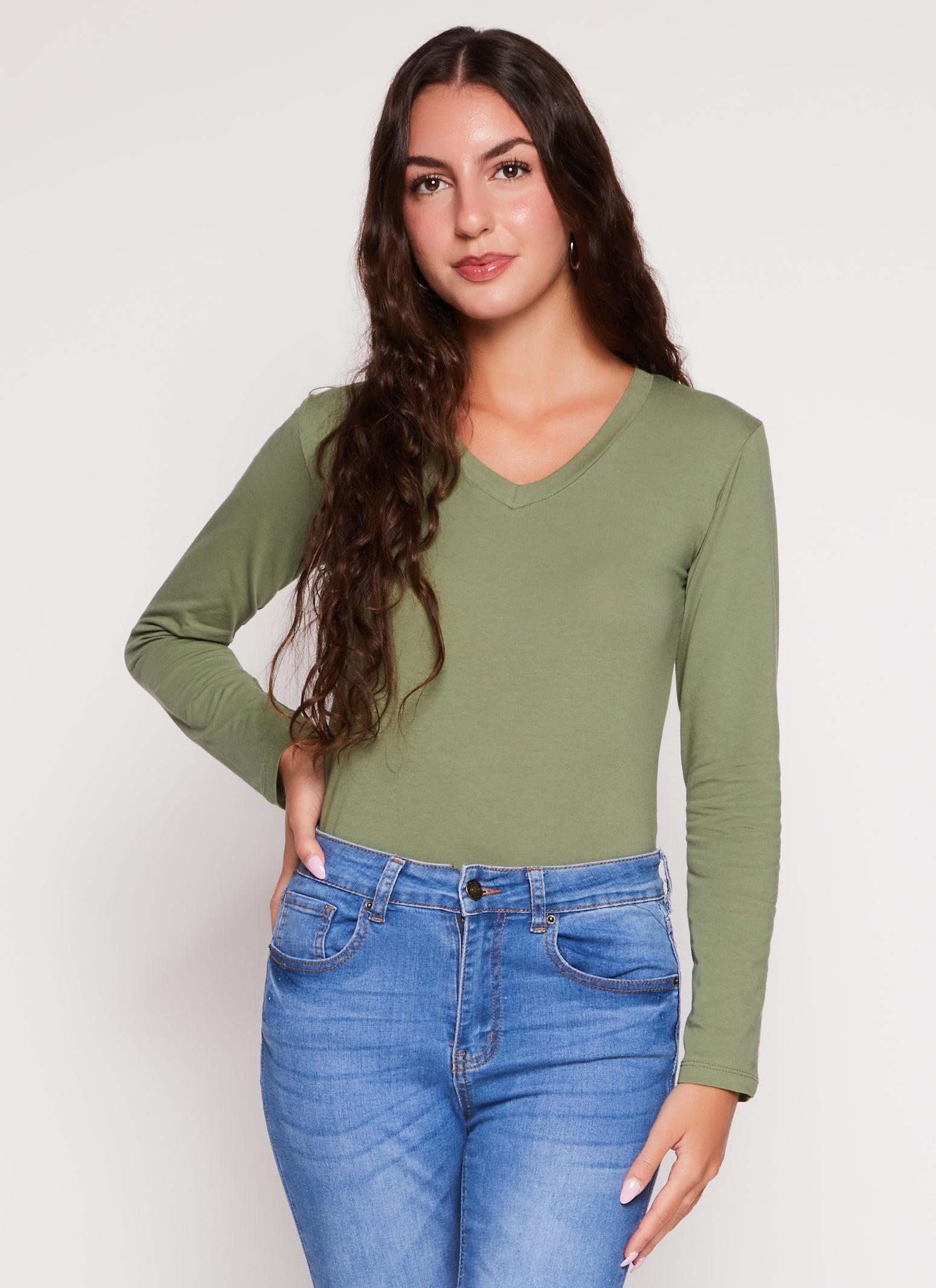 Womens Basic V Neck Long Sleeve T Shirt Product Image