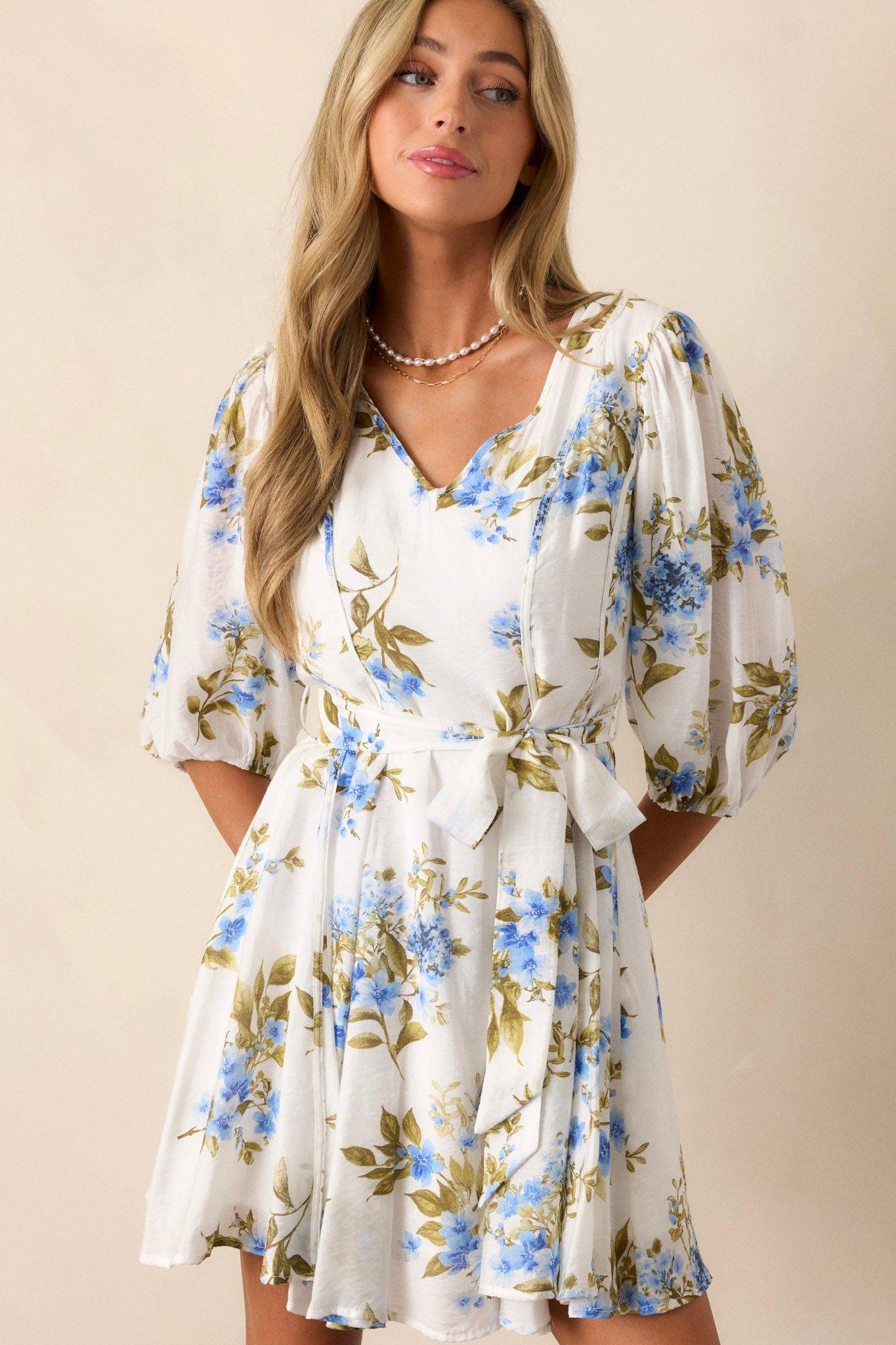 Cobalt Cosmos Blue Floral Quarter Sleeve Mini Dress Product Image