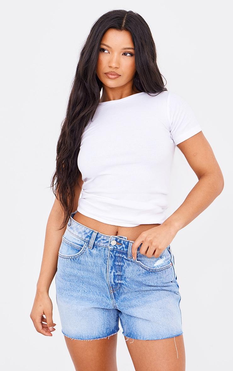 PRETTYLITTLETHING Mid Blue Wash Raw Hem Boyfriend Denim Shorts Product Image