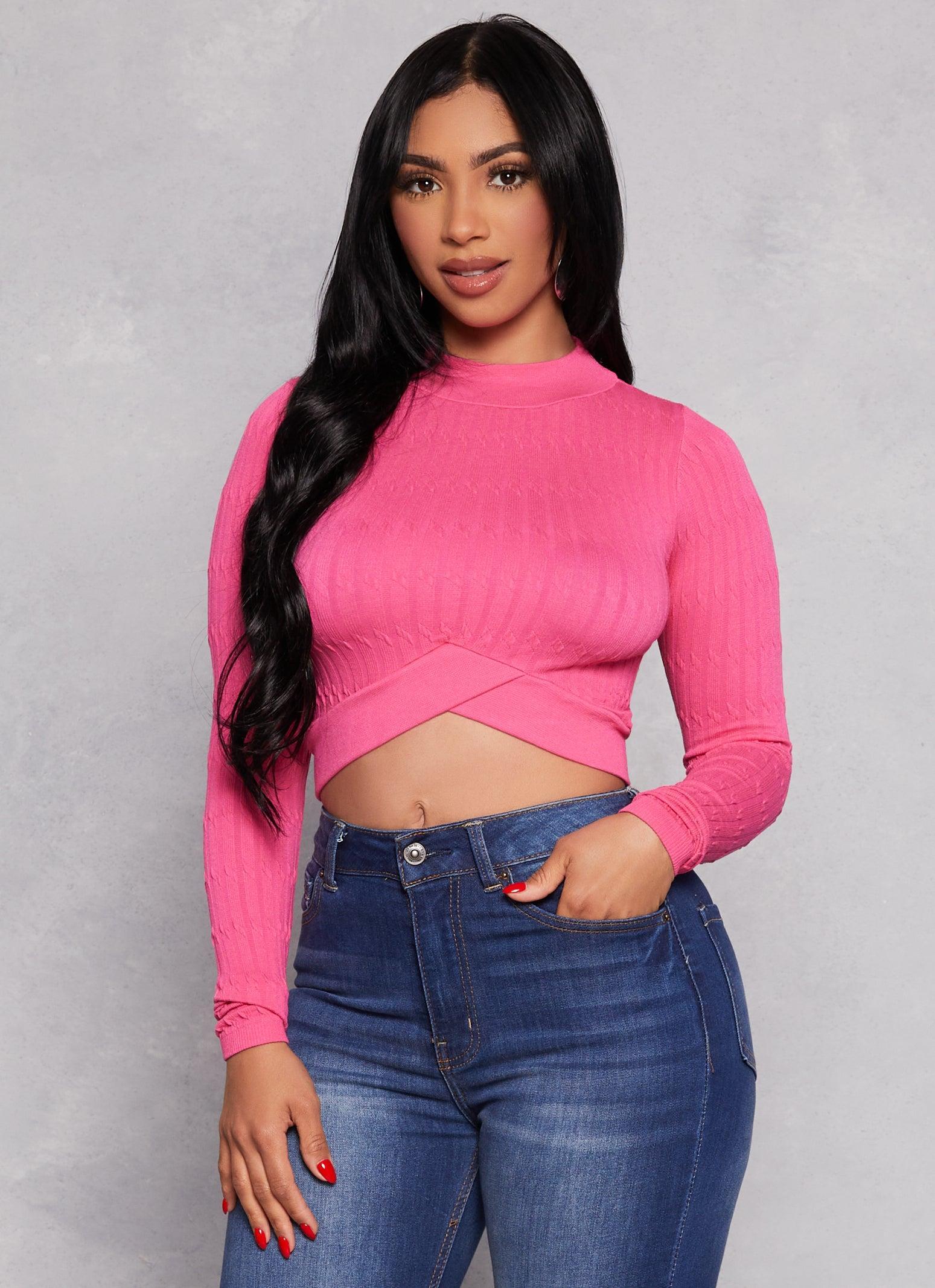 Womens Seamless Cable Knit Mock Neck Crop Top Product Image