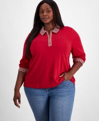 Plus Size Cotton Polo-Collar Long-Sleeve Top Product Image